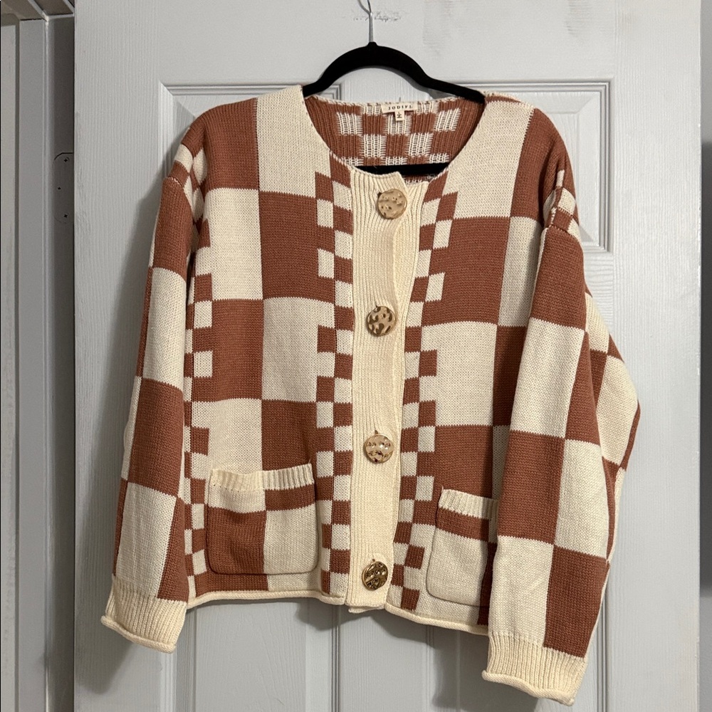 JODIFL Checkerboard Button-Front Cardigan - Cream & Brown